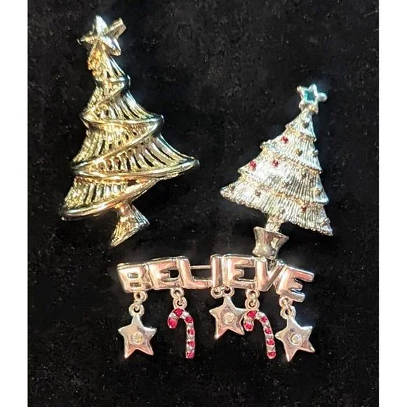 Vintage Christmas Holiday Brooch Pin Lot Of 3 Christmas Tree Believe Festive - Picture 3 of 9